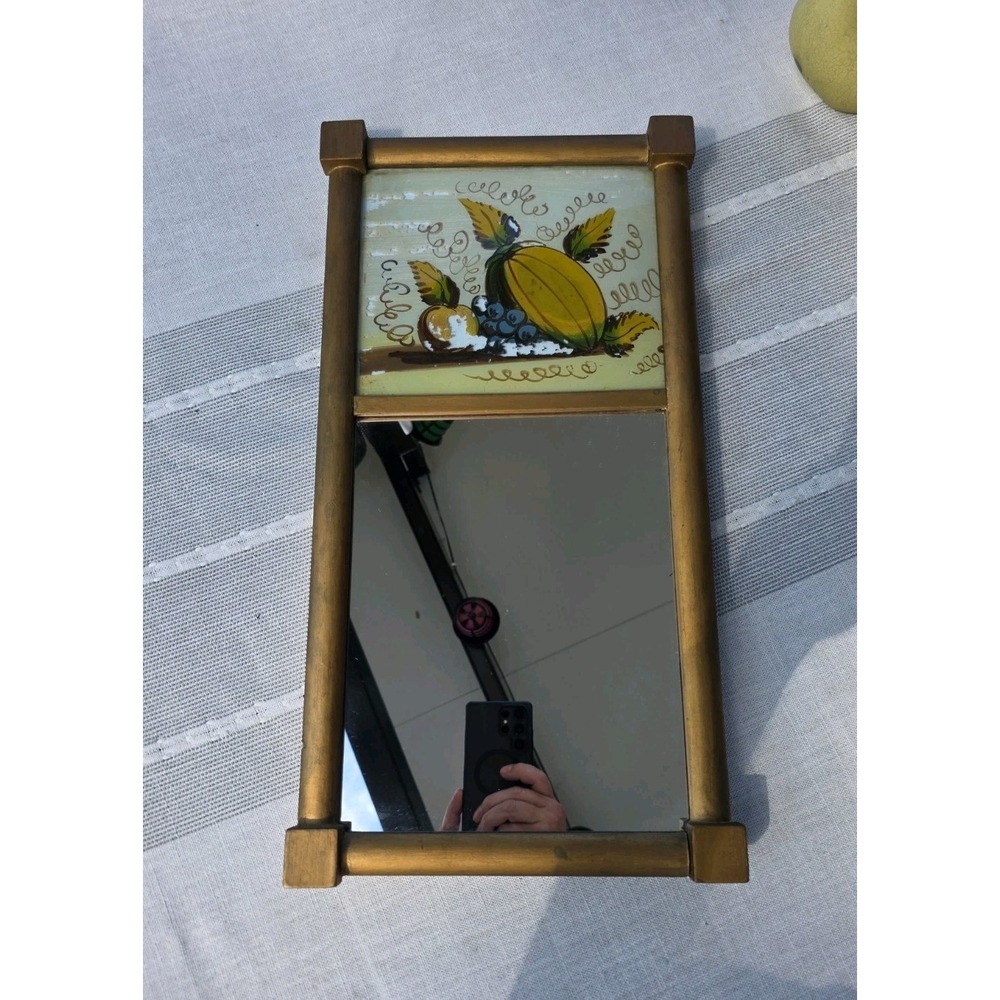 VTG 10x19.5 Gold Wood Wall Mirror Reverse Painted‎ Fruit Rustic Cottage